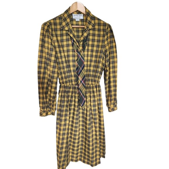 Vintage Jackie Taub For Connections Yellow & Black Plaid Shirt Dress Size 12 - Picture 1 of 7
